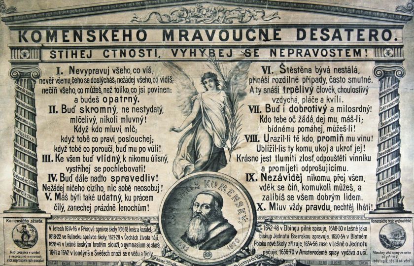 Didaktický obraz Komenského mravoučné desatero navrhl pedagog a  komeniolog Josef Klika (1857-1906) a poprvé ho představil na Zemské jubilejní výstavě v Praze v roce 1891. Hesla vybraná z Komenského díla jsou doplněna jeho podobiznou z doby pobytu v Amsterodamu, výčtem hlavních životních dat a názvy jeho nejvýznamnějších spisů (zdroj: Muzeum Komenského v Přerově). Foto: Profimedia.