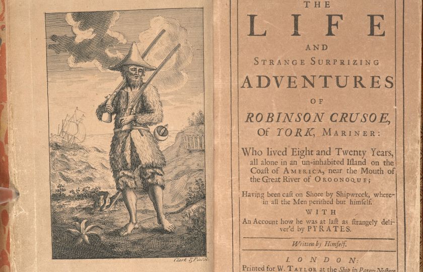 První vydání románu Daniela Defoa Život a zvláštní podivná dobrodružství Robinsona Crusoa, námořníka z Yorku. Zdroj: British Library