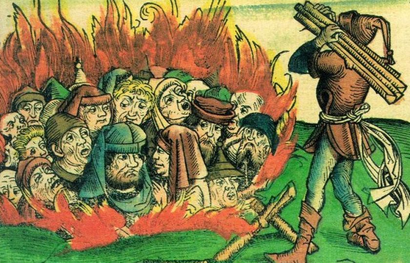 Upalování Židů ve Schedelově nebo také Norimberské kronice (1493) od  německého lékaře, humanisty a sběratele Hartmanna Schedela.