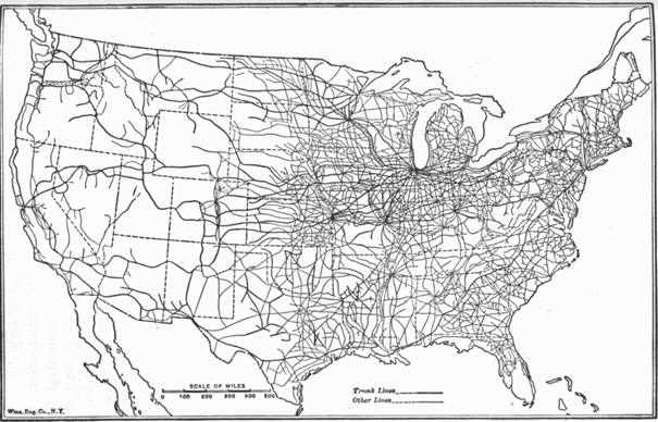 Rozsah železniční sítě v USA na jejím vrcholu (1918)